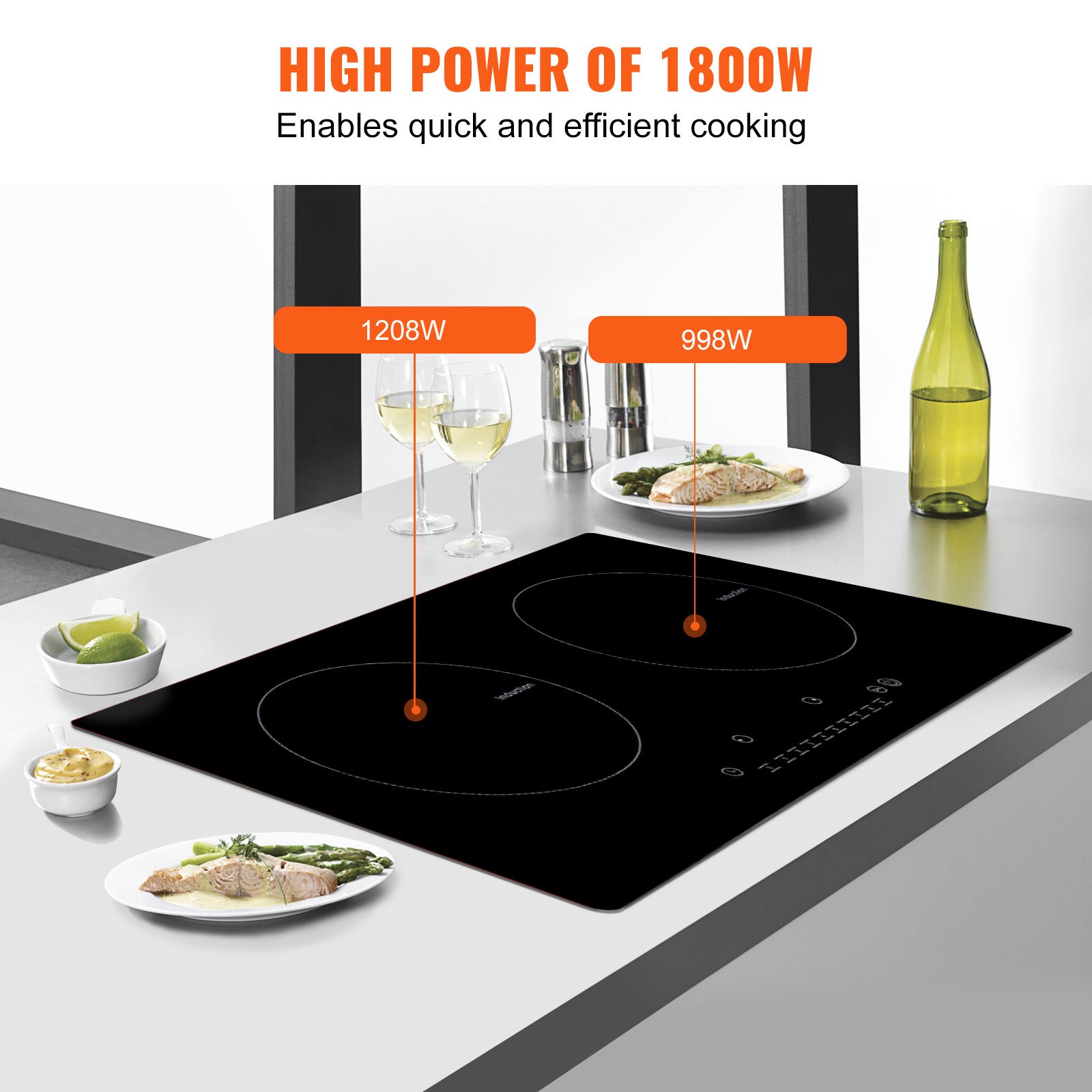 VEVOR Induction Cooktop, 2 Burners, 24-Inch Induction Stove, Built-In Magnetic Stove, 1800W, 9-Level Multi-Function Burner, LED Touch Screen, with Child Lock & Over-Temperature Protection
