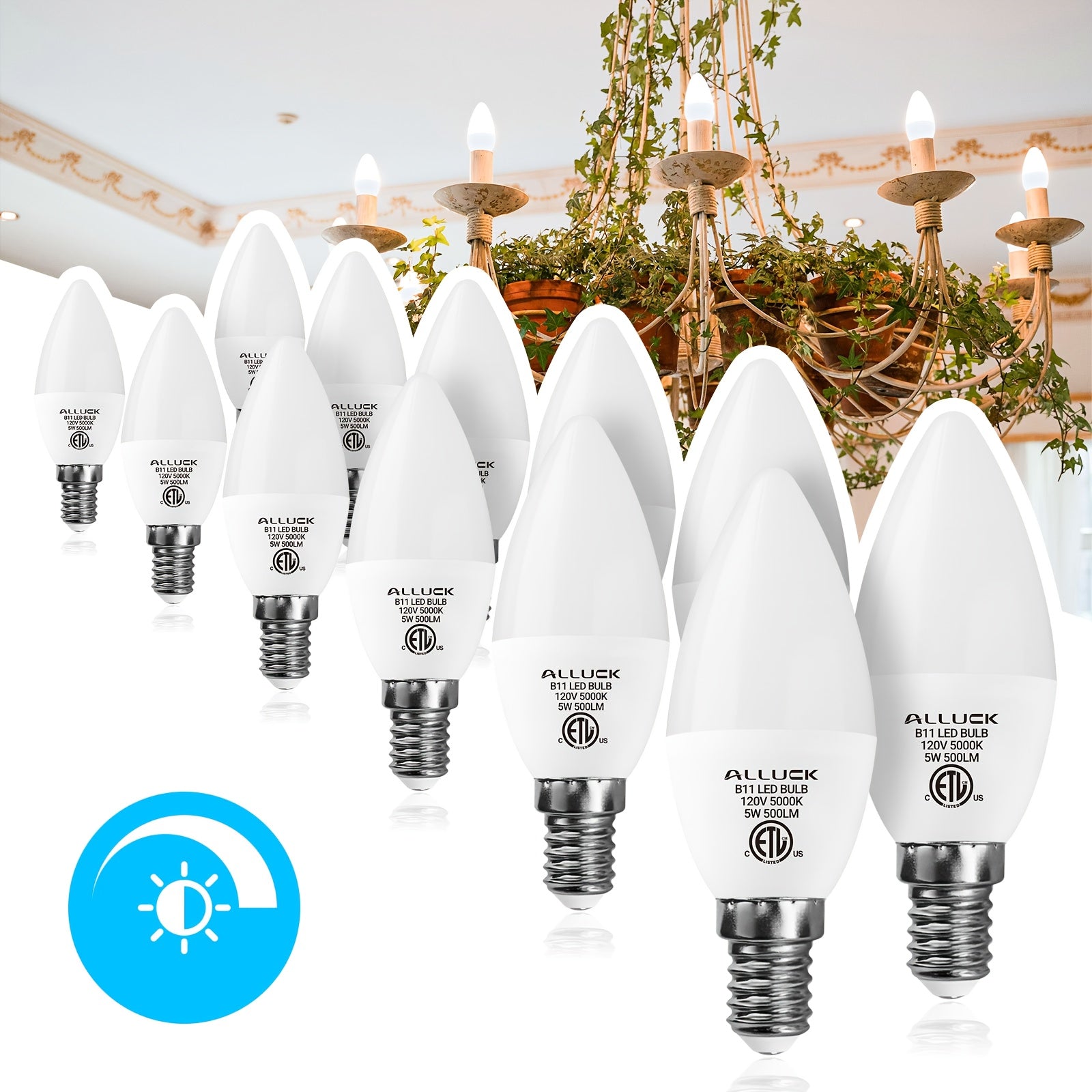 B11/C37 LED candle bulb, 5 watt, 500 lumens (50W equivalent), E12 base, CRI 85+, available in 3000K warm white, 5000K neutral white and 6500K cool white, non-dimmable, suitable for home, bar, restaurant and hotel decoration