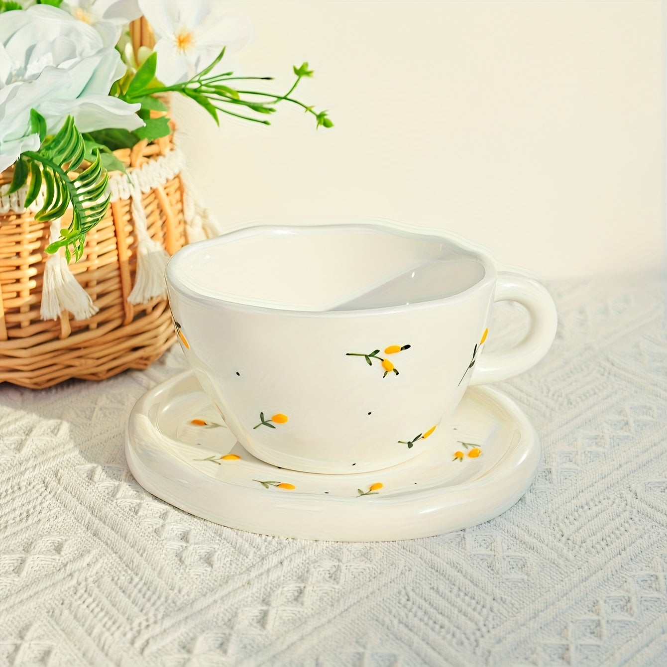 1 Set Creative Simple Hand-Pinched Hand-Painted 3D Relief Cherry Blueberry Lemon Ceramic Coffee Cup & Saucer for Home Use