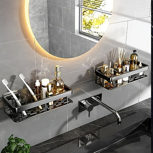 1/2/3-Piece Metal No-Drill Bathroom Shelf - Thickened & Easy Install, Wall Mount Storage Rack, Large Capacity Black-Silver Multi-Functional Holder for Bathroom & Toilet