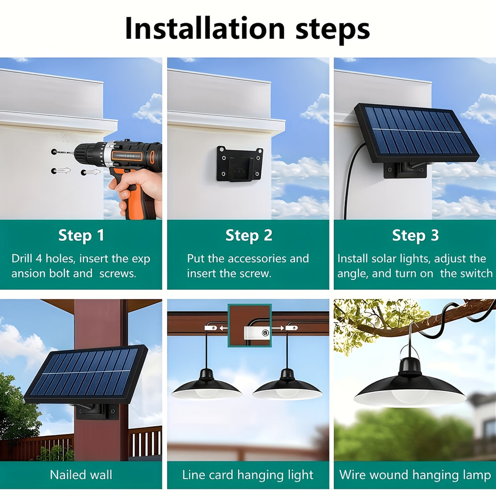 Solar Pendant Light - Dual/Single Head, Outdoor and Indoor Lighting, Suitable for Patio, Garage, RV Camping - Adjustable Brightness, Easy Installation, Outdoor Solar Light
