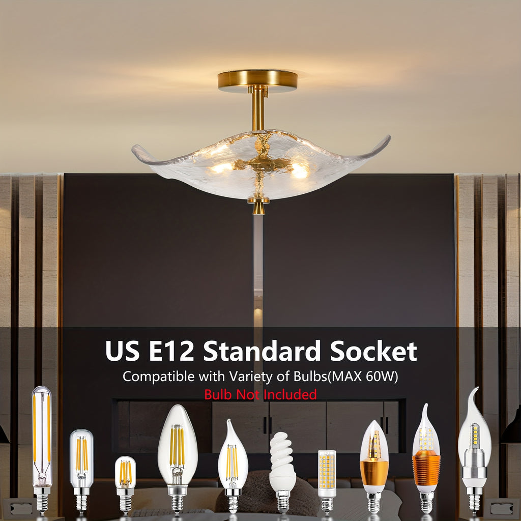 16.5-inch modern semi-flush mount ceiling light (gold), dual-light ceiling light, elegant near-ceiling lighting, with water lily-shaped clear glass lampshade, suitable for bedroom, dining room, entryway and bathroom (E12 base, bulb not included)