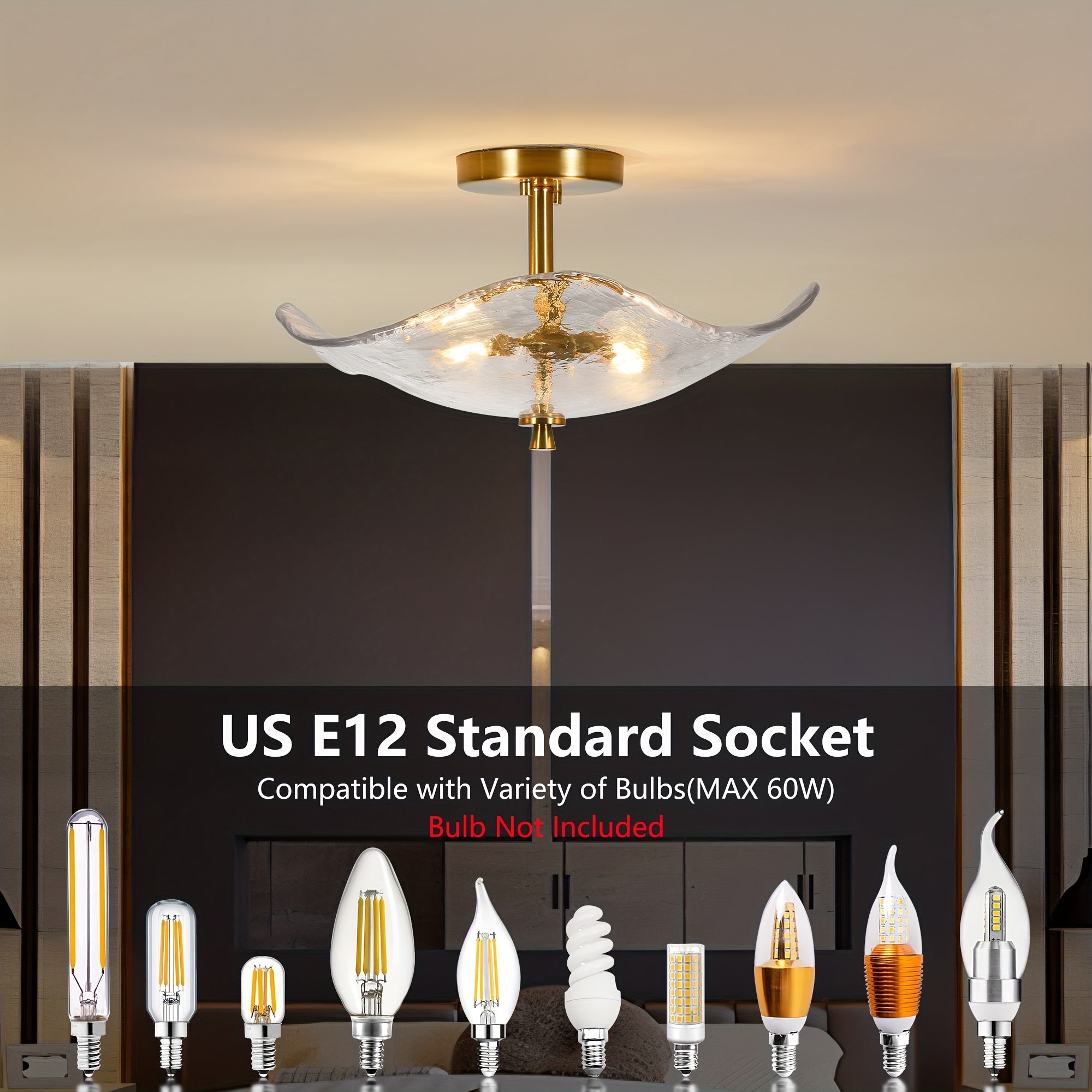 16.5-inch modern semi-flush mount ceiling light (gold), dual-light ceiling light, elegant near-ceiling lighting, with water lily-shaped clear glass lampshade, suitable for bedroom, dining room, entryway and bathroom (E12 base, bulb not included)