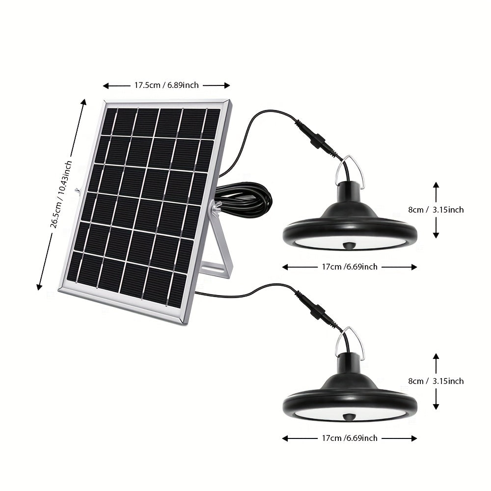 Solar pendant light with motion sensor, one-to-two dual-head dual remote control, waterproof solar barn light, multiple modes adjustable brightness, soft light eye-friendly, suitable for indoor and outdoor, barn, chicken coop, workshop