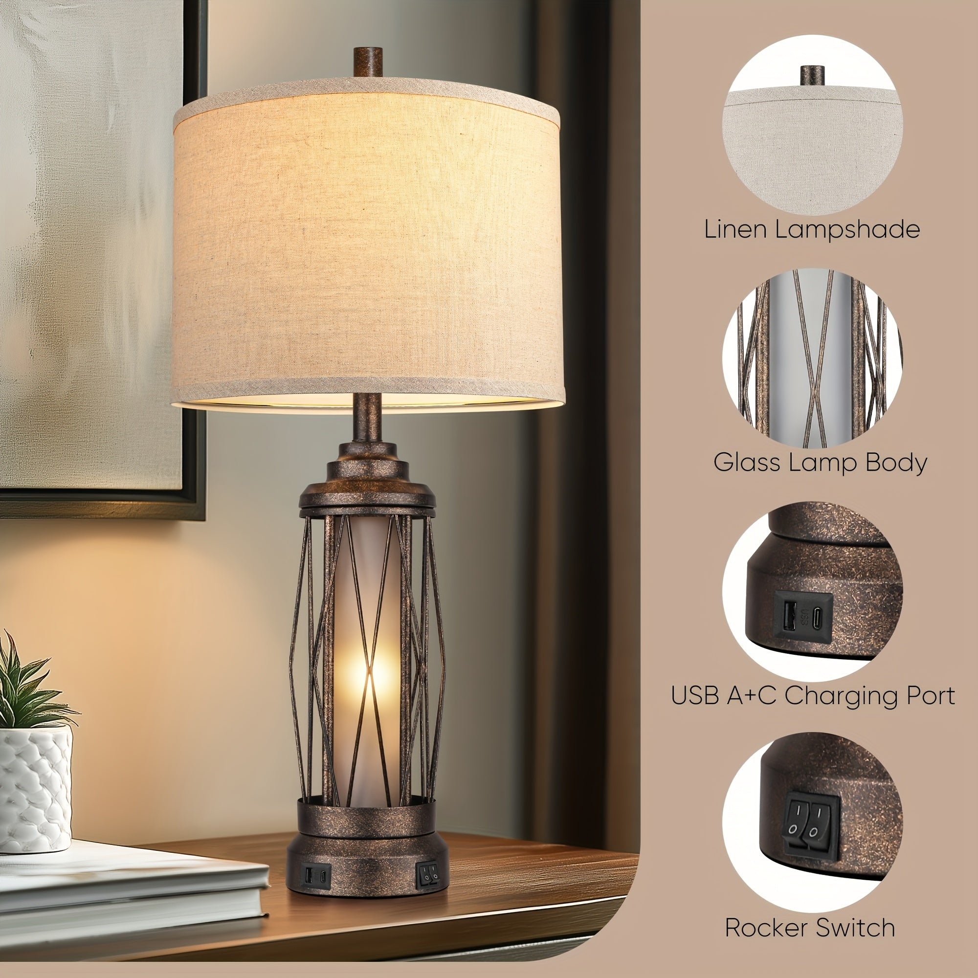 Farmhouse table lamp for living room, bedroom rustic nightstand lamp with USB C+A charging port, built-in frosted glass night light for entryway coffee table, includes 4 bulbs, bronze, suitable for Christmas and Halloween