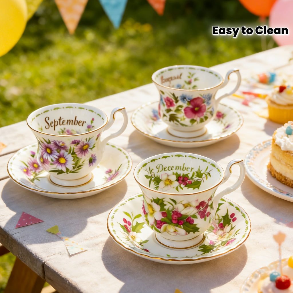 1pc Elegant Twelve Months Flower Tea Cup & Saucer, 6oz Vintage Bone China Coffee Cup & Saucer, Easy to Clean – Perfect for Afternoon Tea Parties, Birthday Parties, Birthday Gifts, Valentine‘s Day Gifts