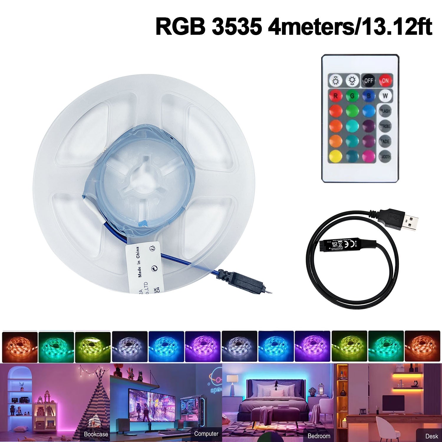 USB RGB LED电视背光灯套装，3535贴片柔性灯带配24键遥控器，可调光氛围灯，适用于32-65英寸电视及电脑显示器，自带背胶易于安装