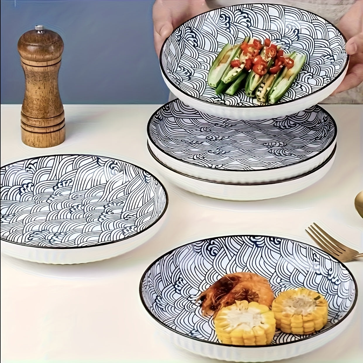 4-Piece Japanese Ceramic Floral Dinner Plate Set – Yamada Home Dinner Plates, Nordic Style Steak Plates, 7-Inch Deep Ceramic Plates, Non-Slip Rim, Under-Glaze Color Round Plates