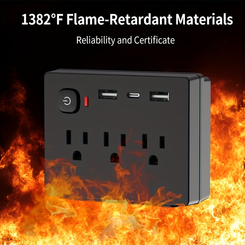 Black US-spec Power Outlet With 6 AC Outputs Plus 2 USB-A And 1 USB-C Ports, Featuring A Compact, Mini, And Portable Design. It Comes With Overload Protection, A Power-off Switch, Safeguard Mechanisms, And Is A 9-in-1 Multifunctional Power Strip