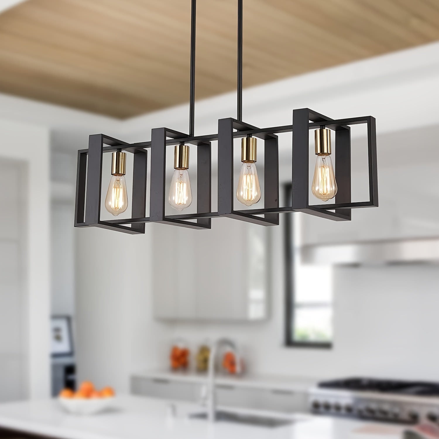 35.4-Inch Kitchen Island Lighting, 4-Light Dining Room Farmhouse Pendant Light, Black Modern Chandelier, Pool Table Light, Matte Black Metal Finish (Bulb Not Included)