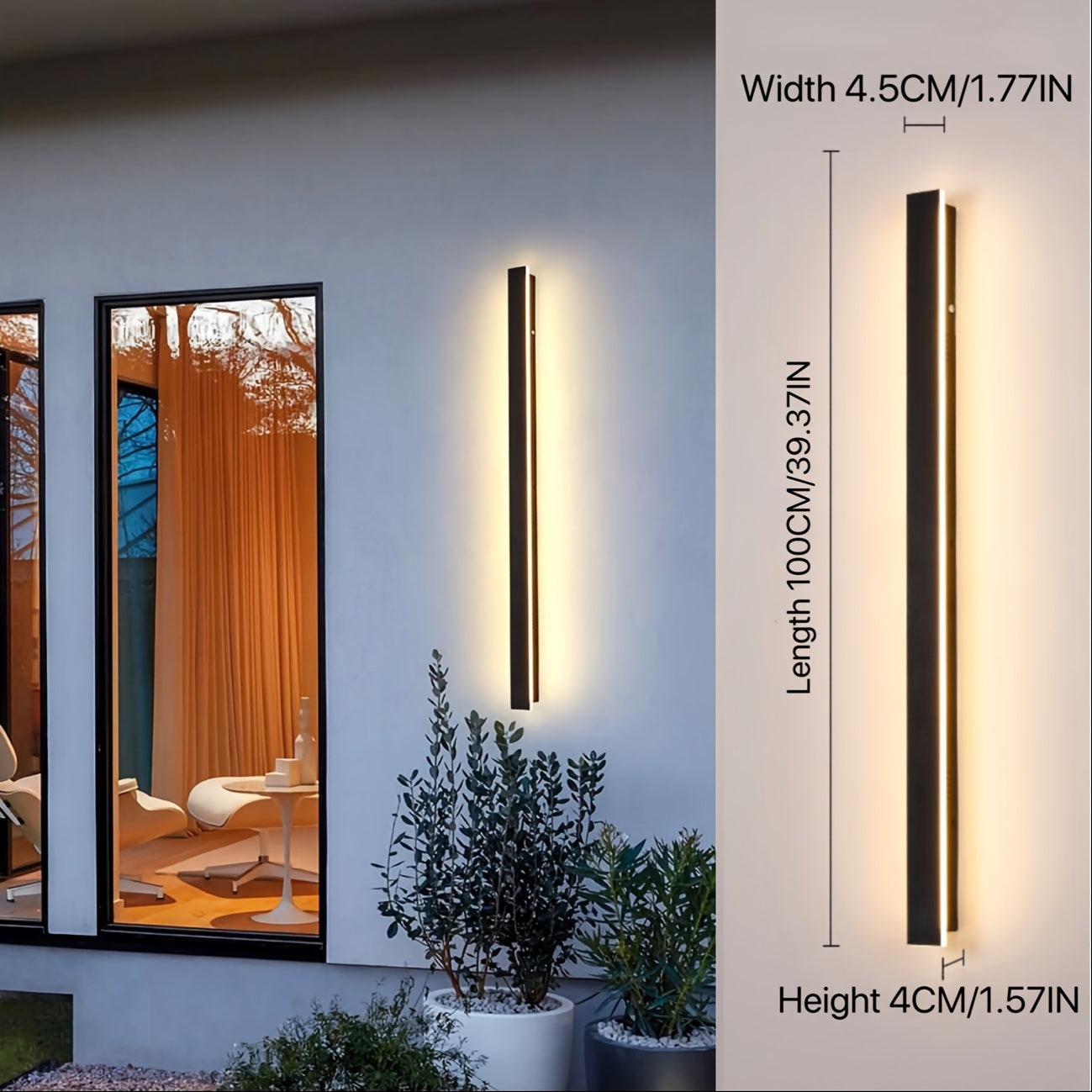 1-Piece 15.75/23.62/39.37 Inch Warm White Outdoor Long Wall Light, Modern Black LED Wall Light, Indoor Bar Wall Light, 8/12/20W Modern Outdoor Wall Light Fixture, Suitable for Living Room, Porch, Garage Door, Courtyard