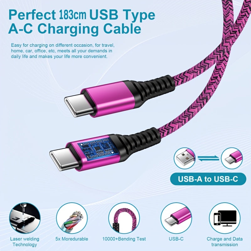 10W Fast Charger 5V/2.1A US Plug | 6ft USB A to USB C Nylon Braided Data Cable, Lightweight Design, 100V-240V Operating Voltage