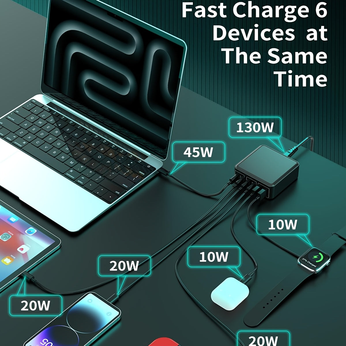 USB C Charger Fast Charger Block: 130W 6 Port Charging Station for Multiple Devices, Portable Desktop Laptop Charger, for MacBook Pro/Air/for iPad for iPhone 16 15/14/13/Pro Max/for Galaxy Note