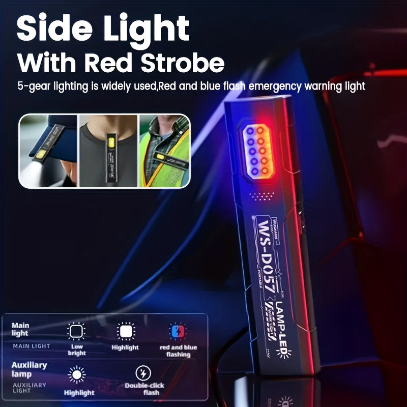 Mini LED Flashlight - USB Rechargeable, Magnetic Base, 5-Level Dimming, with Side Light & Clip, Includes Velcro & Cable, Ideal for Emergencies, Fishing, Maintenance & Emergency Light, Stylish Design, Durable Construction