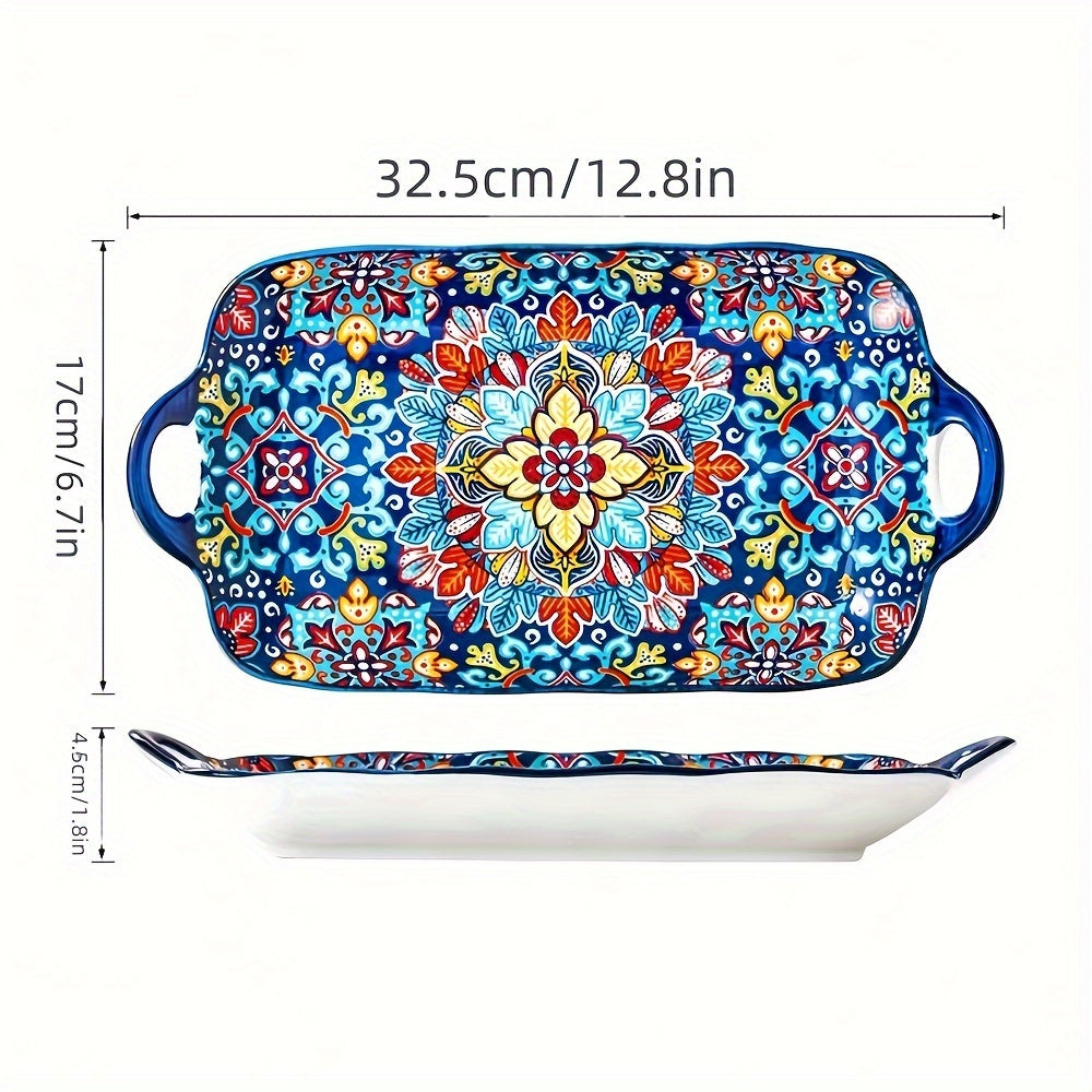 1 Piece Ceramic Bohemian Style 12.8-Inch Fish Plate with Double Handles – Kitchen Serving Platter – Rectangular Baking Dish Safe for Microwave & Oven