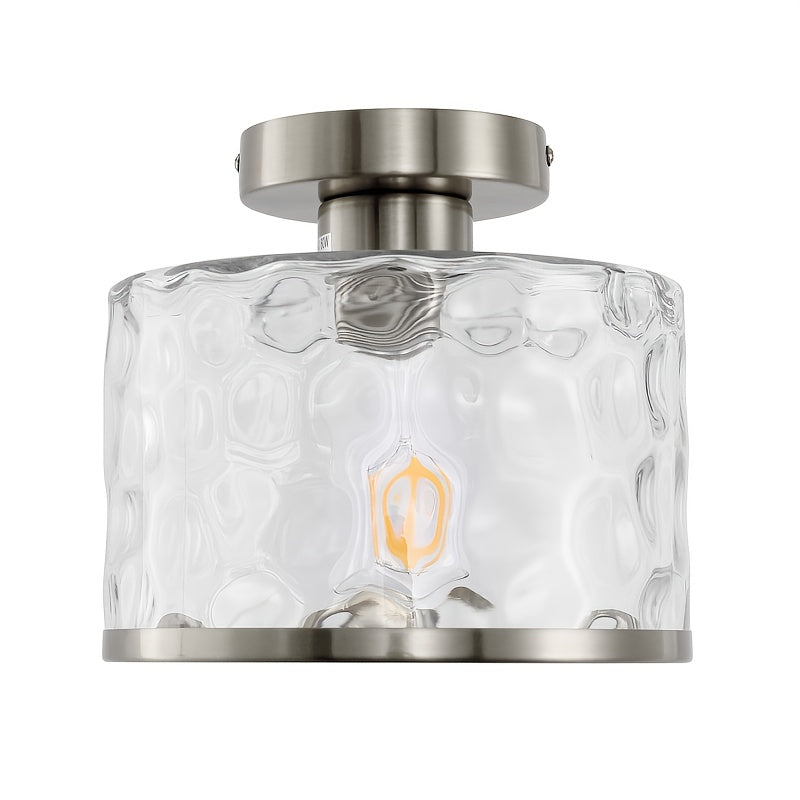 1-Light Modern Farmhouse Semi-Flush Mount Ceiling Light with Brushed Nickel Finish and Clear Water Ripple Glass Shade - Low-Profile Modern Fixture, Suitable for Bedroom, Hallway, Kitchen - Compatible with E26 Socket