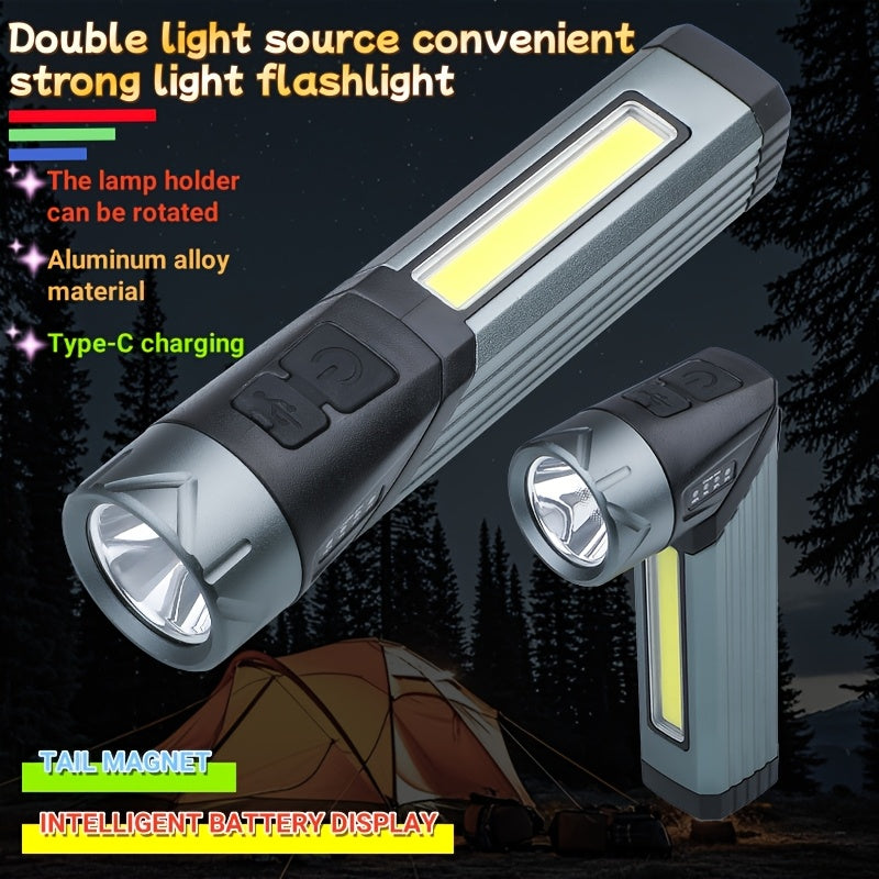 Multifunctional High Strength Flashlight 90° Rotatable Foldable Handheld Work Light Portable Type-C Rechargeable 7 Lighting Modes Magnetic Side COB 18650 Flashlight with 1500mAh Battery Camping Gear Outdoor Lighting