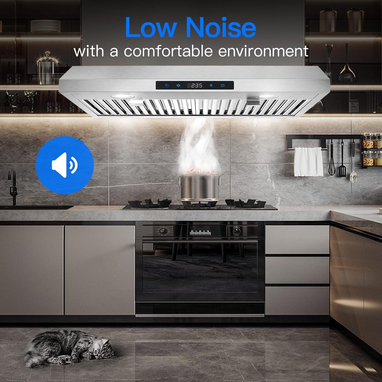 30-Inch Under-Cabinet Range Hood, 3-Way Exhaust, Silver Stainless Steel Construction with Baffle Filter, Kitchen Ventilator, Under-Cabinet Design, 3-Speed Exhaust Fan, Touch Control