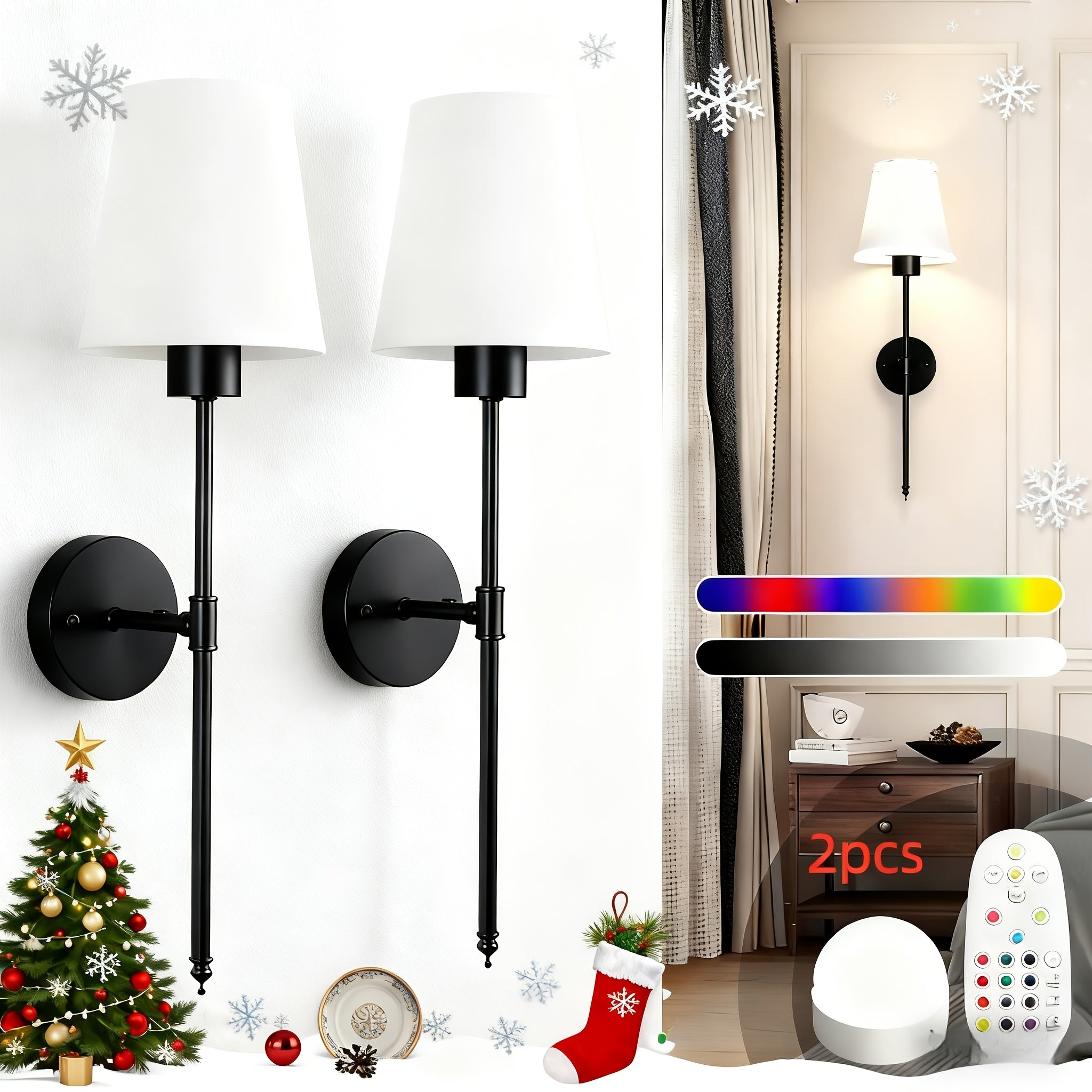 [Christmas Decorative Wall Light] 2-Piece Modern Cordless Wall Light, Equipped with Rechargeable Lithium Battery, Remote Control, 15 Light Colors and Dimmable Function, Suitable for Bedroom and Living Room, Rechargeable LED Light