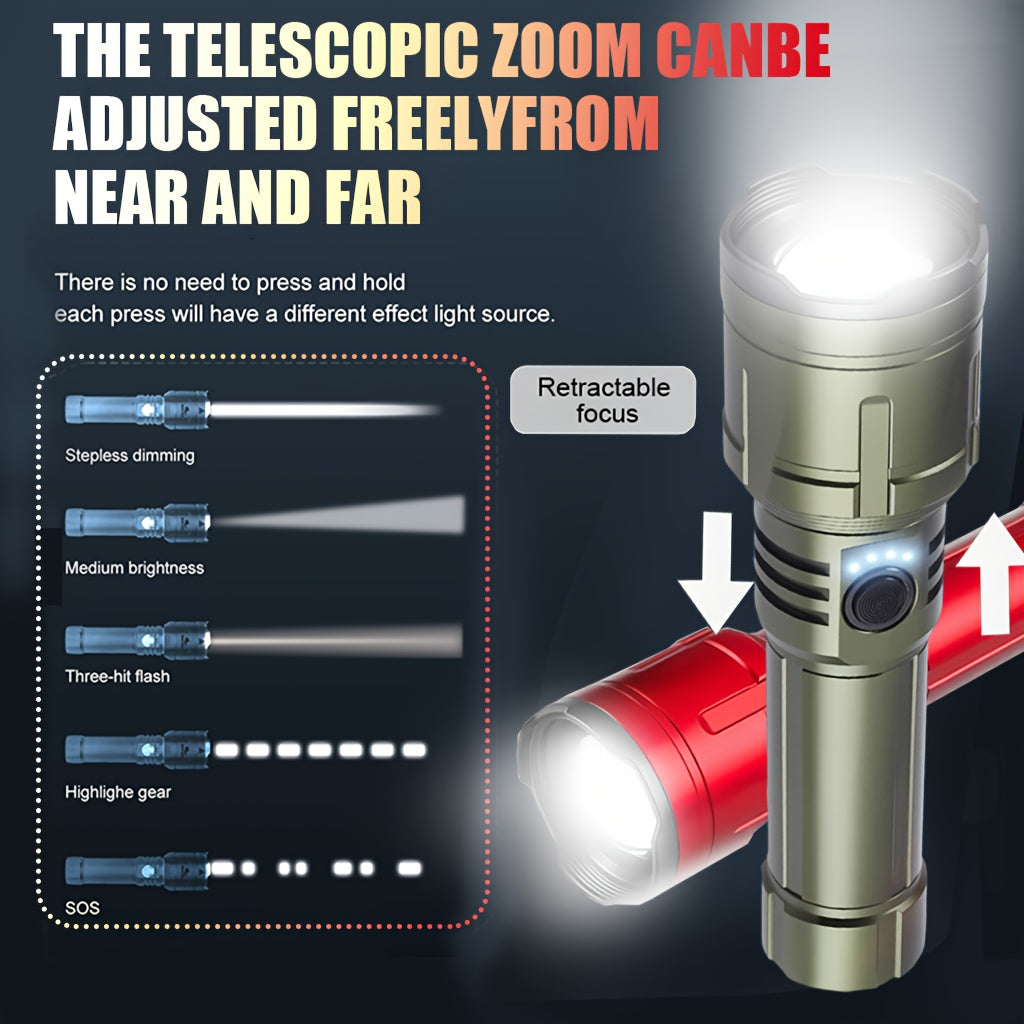 Ignition Aluminum Alloy Flashlight, Fresnel Lens Equipped, Rechargeable LED Light, 5 Modes High Lumen Flashlight, 5000mAh Battery Type-C Fast Charging, Long Range IP44 Waterproof, Ideal for Camping Night Use and Gift Giving