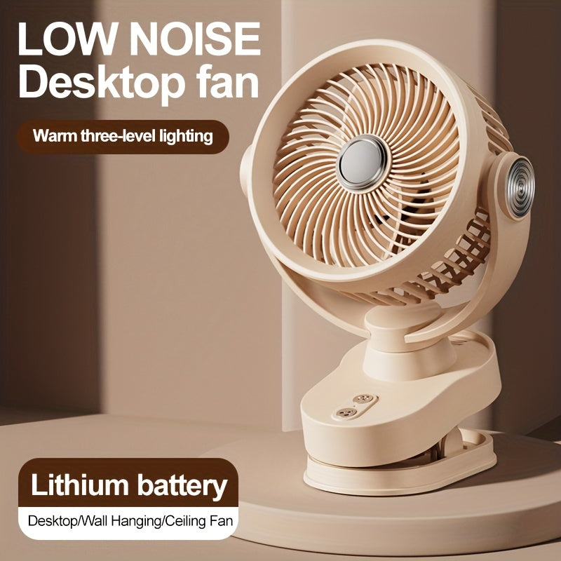 Brushless Motor Clip Fan, Rechargeable 2-in-1 Fan with Lighting & Oscillating Function, Quiet Circulating Desktop Fan with Night Light for Office Dorm Bedroom