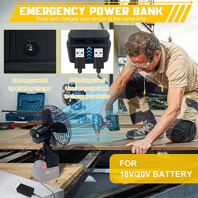 Portable 18V Battery Powered Cordless Fan, Cordless Jobsite Fan, 20W 3500RPM Low Voltage Protection Brushless Motor Fan, Industrial USB Port, Outdoor Use (Battery Not Included)
