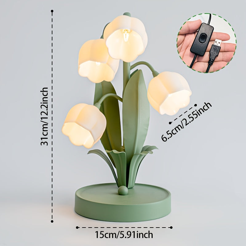 Pink warm table lamp, gold light luxury table lamp, five lily of the valley flowers table lamp, creative acrylic flower shape, home decoration desk lamp, floral theme ambiance light, themed homestay hotel decorative lamp