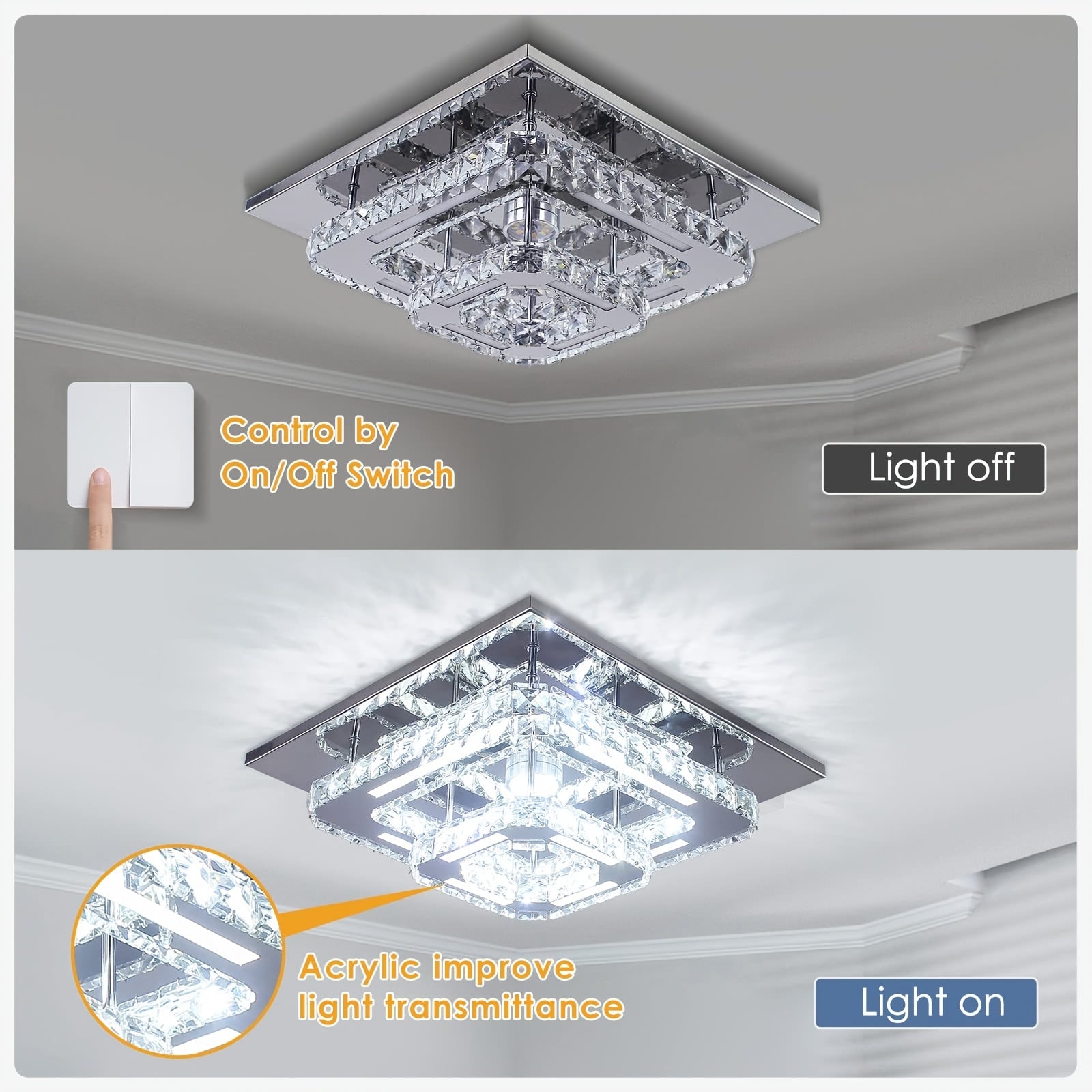 Modern Crystal Chandelier Dimmable Square Ceiling Light - Crystal & Polished Metal Semi-Flush Mount Fixture, Cool White Light Suitable for Bedroom, Living Room, Hallway, Bathroom (Bulb Not Included) - Luxury Crystal Ceiling Light