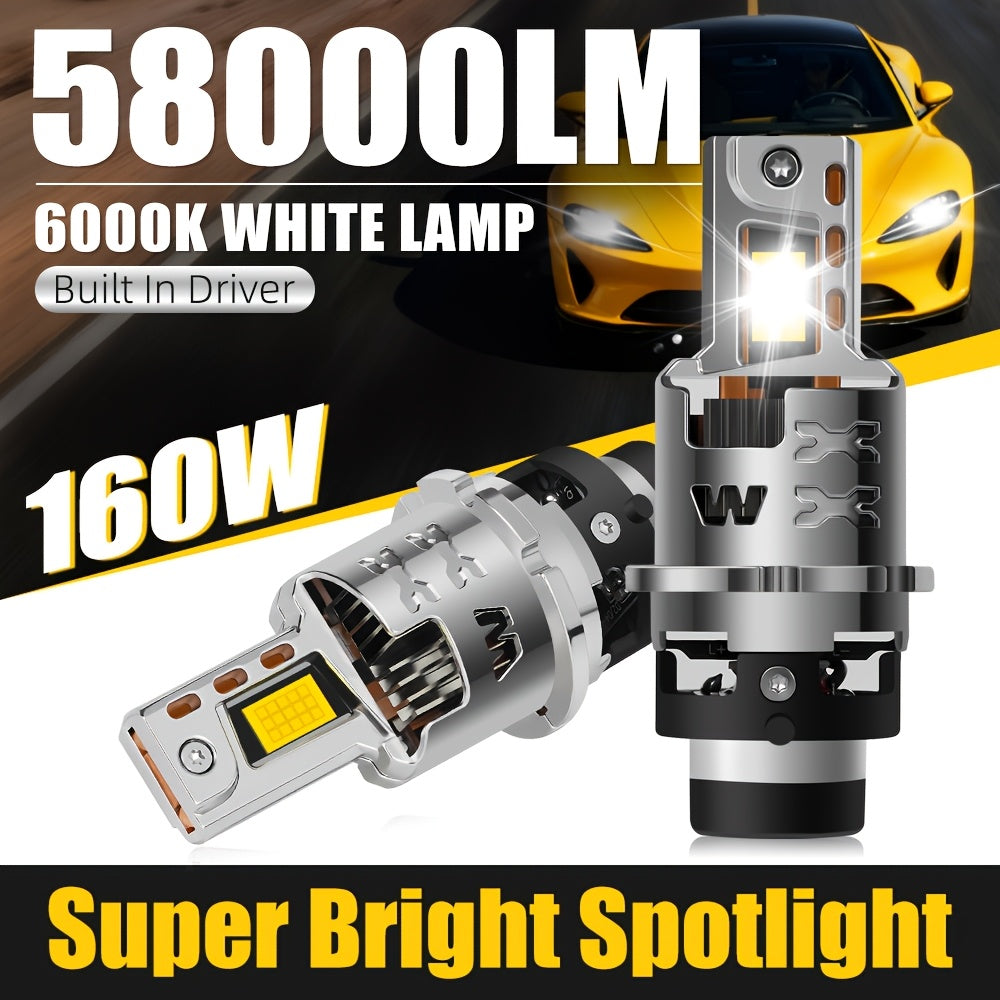 2-Pack Newest Car LED Headlight Bulbs D1S D2S D3S D4S D5S D8S High/Low Beam 160W Super Bright White 6000K CSP Chip Canbus, Each with Copper Tube and Fan, Plug-and-Play