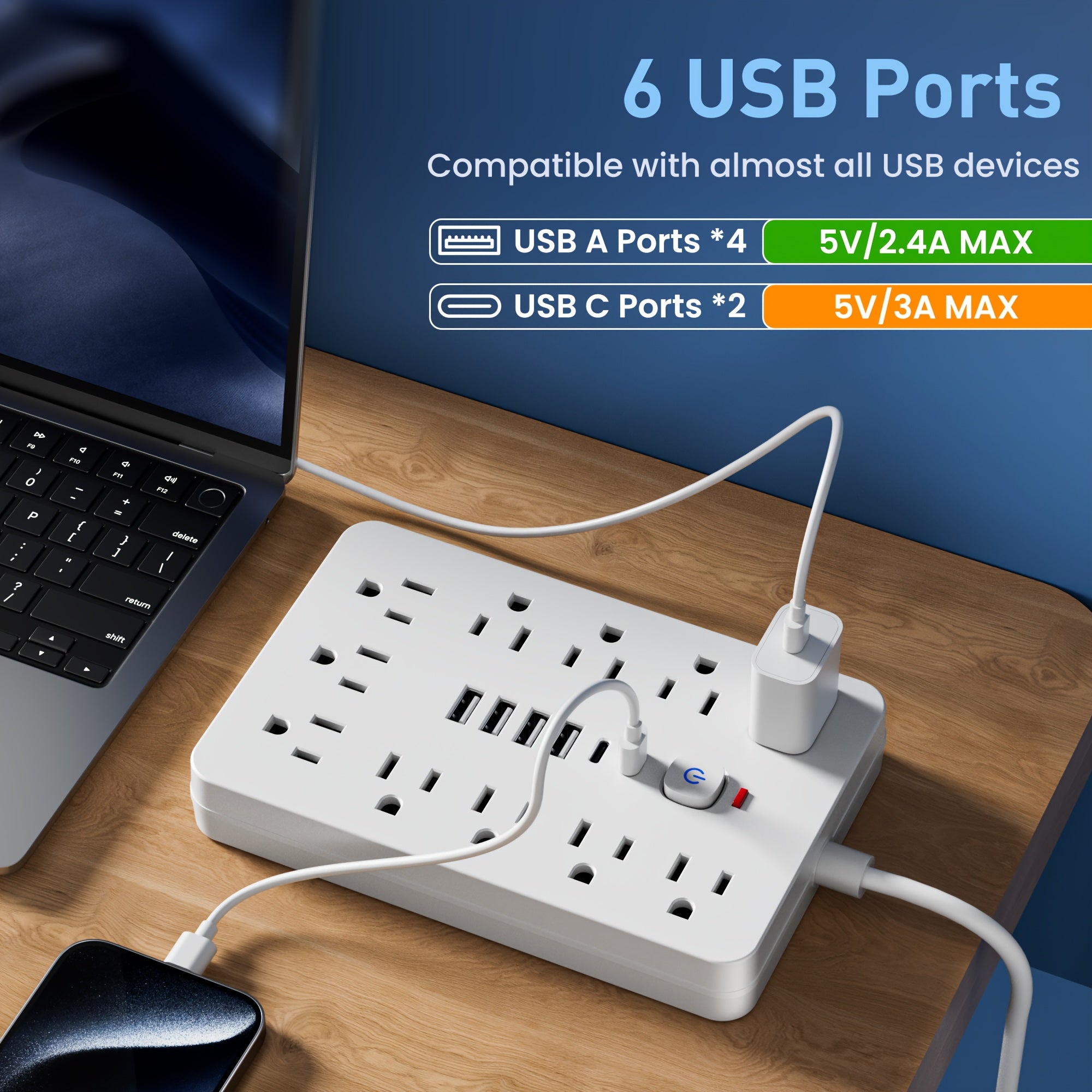 This Power Hub Features 11 Individual Outlets, Lengths of 5FT And 10FT, Along with 4 USB Ports And 2 USB-C Ports. It Has a Flat Plug Design, Can Be Mounted on The Wall, And Is Equipped with Overload Protection, Making It Ideal for Home Or Office Use