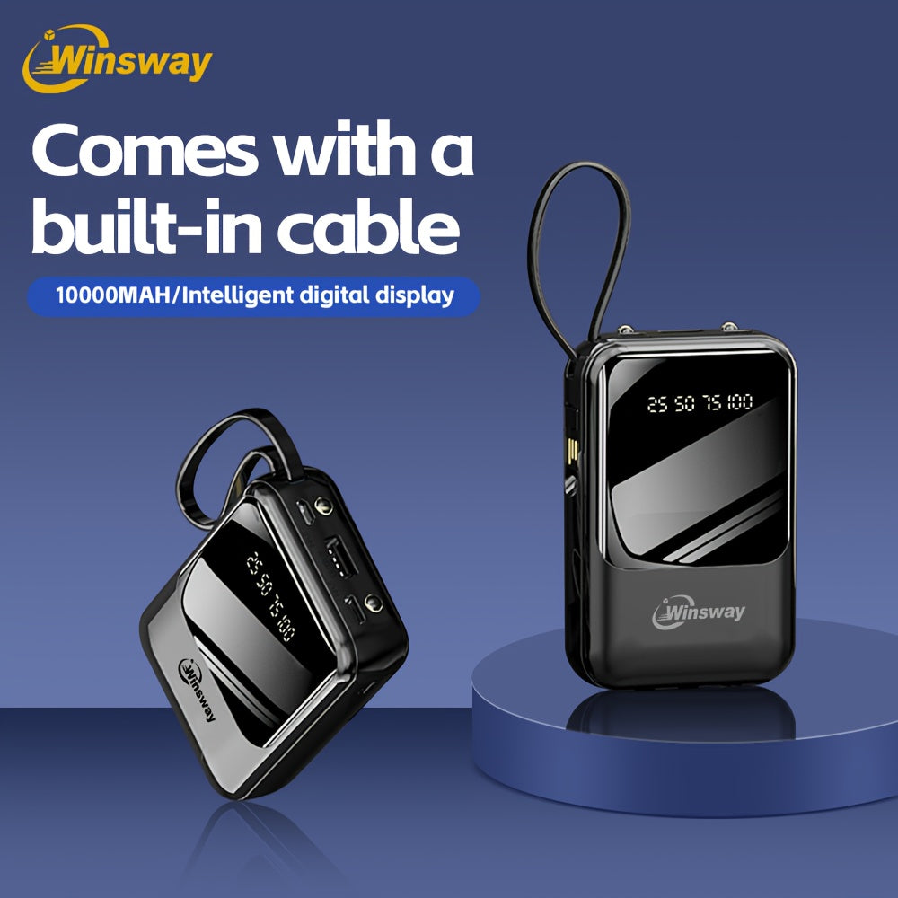 Winsway 10000mAh 可攜式掛繩行動電源，具備大容量和快速充電功能。內建 4 條充電線，可同時為 4 個行動裝置充電。LED 顯示螢幕清晰方便。旅行聖誕禮物的必備單品
