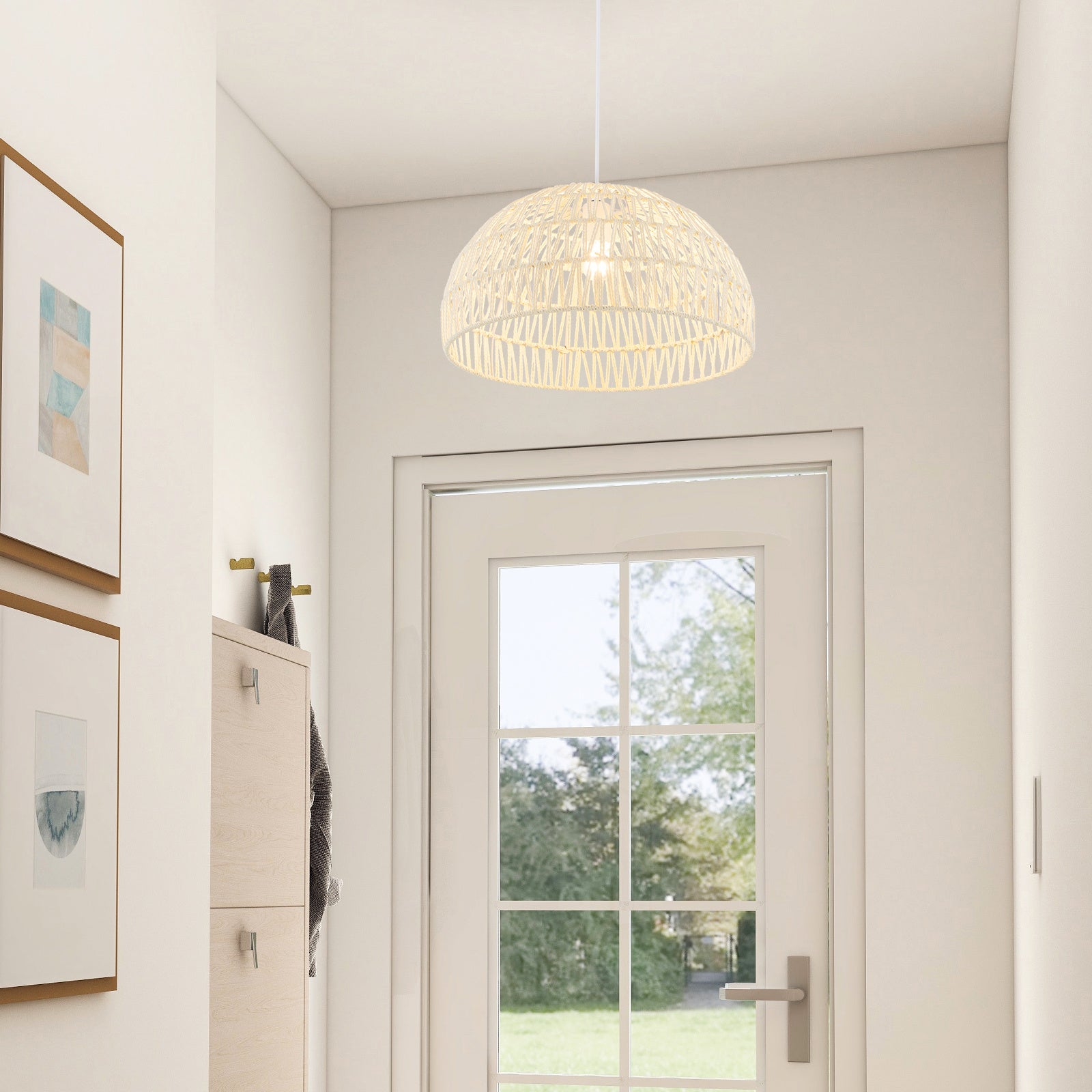Paper Pendant Light, Dome Hanging Ceiling Light with Adjustable Hanging Cord, 17.5-Inch Decorative Pendant Light, Suitable for Kitchen Island, Dining Room, Bedroom, Foyer, Hallway, Beige