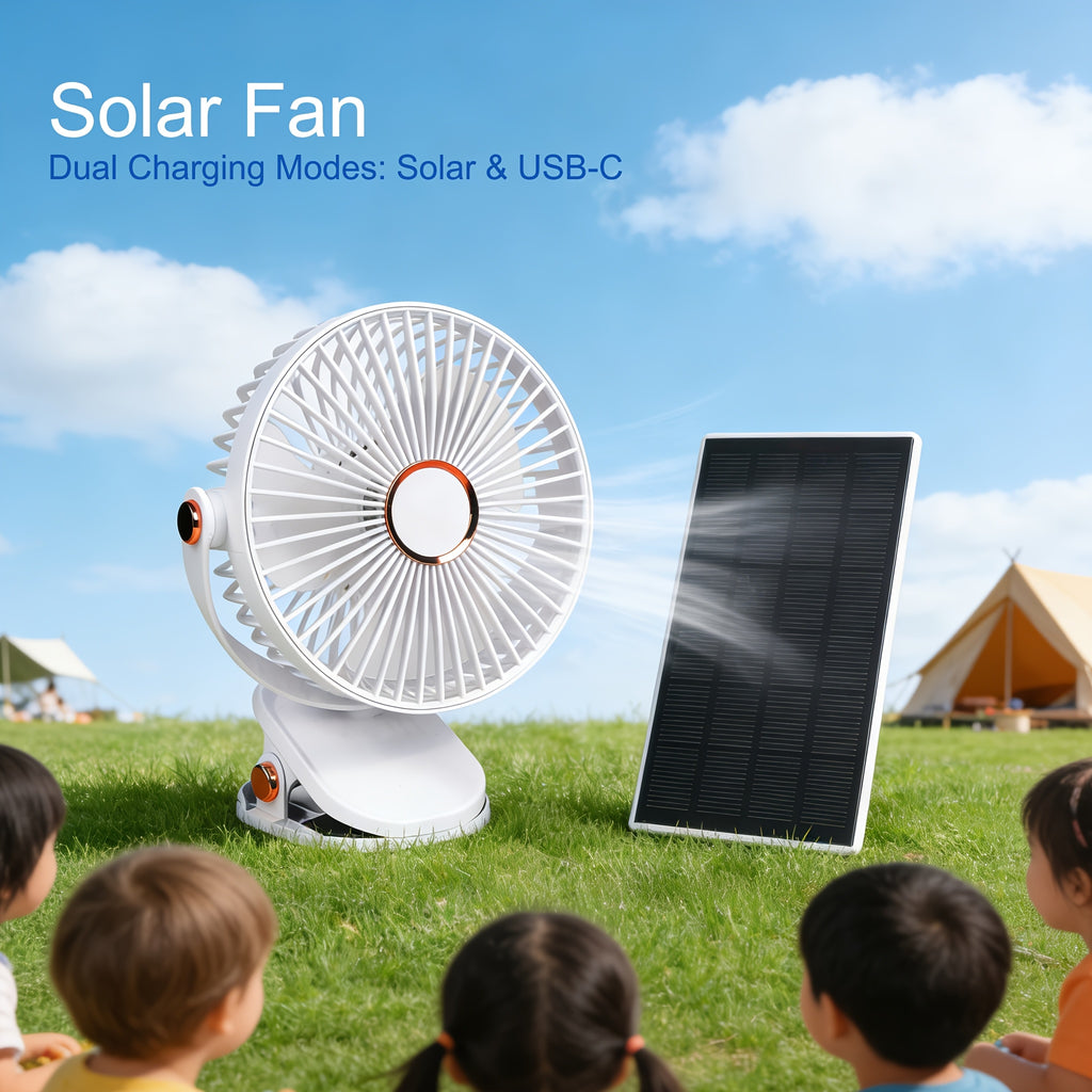 Solar Camping Fan Light - 5-Speed Rechargeable Clip-On Fan, Dual Power Supply (Solar & Battery), Built-in Rechargeable Lithium Battery, USB Charging Port and 5V Solar Panel - Multi-Scene Use: Picnic, Hiking, Fishing and Indoor Home Use During Hurricanes