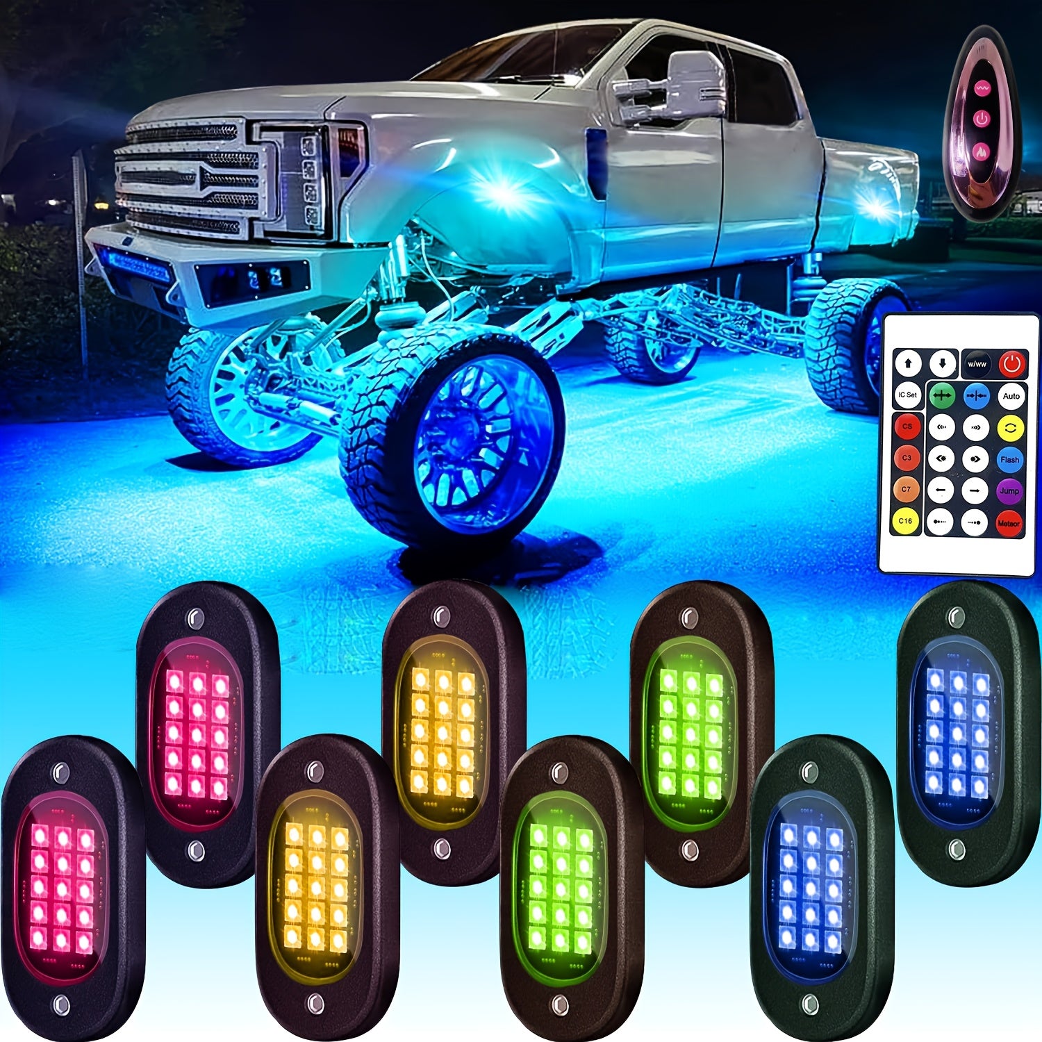 Truck Rock Lights RGB LED Rock Light Kit, Dream RGB Colorful Car Chassis Decorative Light, Multi-Color Changing Tire Light, Footwell Neon Light Kit, Perfect for Pickup Off-Road RZR SUV ATV UTV Car Ambient Light, Golf Cart Accessories