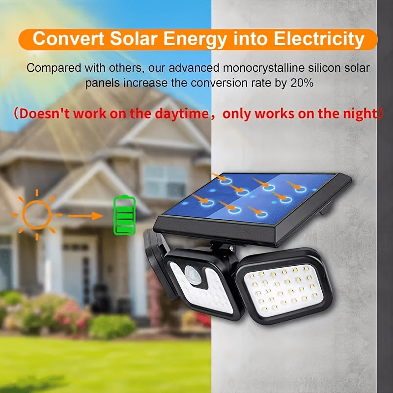 3-Head Solar Powered Triple Head Independent Wall Light - Outdoor Sensor! Yard Lighting. 3 Adjustable LED Heads Motion Activated, Dusk to Dawn Automatic ON/OFF. Emergency Lighting Mode, Energy Saving, Easy Installation