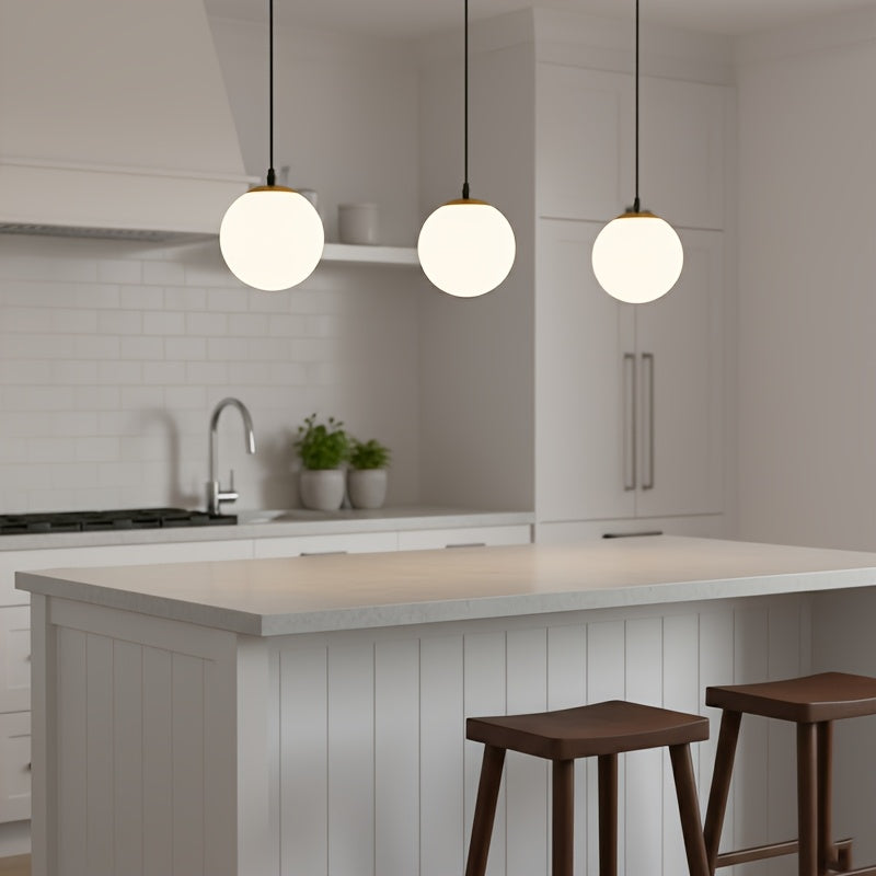 Iron modern globe pendant light, with E27 screw base milky white acrylic lampshade, creative pendant light, adjustable hanging lighting fixture, suitable for living room, bedroom, kitchen, dining room, hallway.