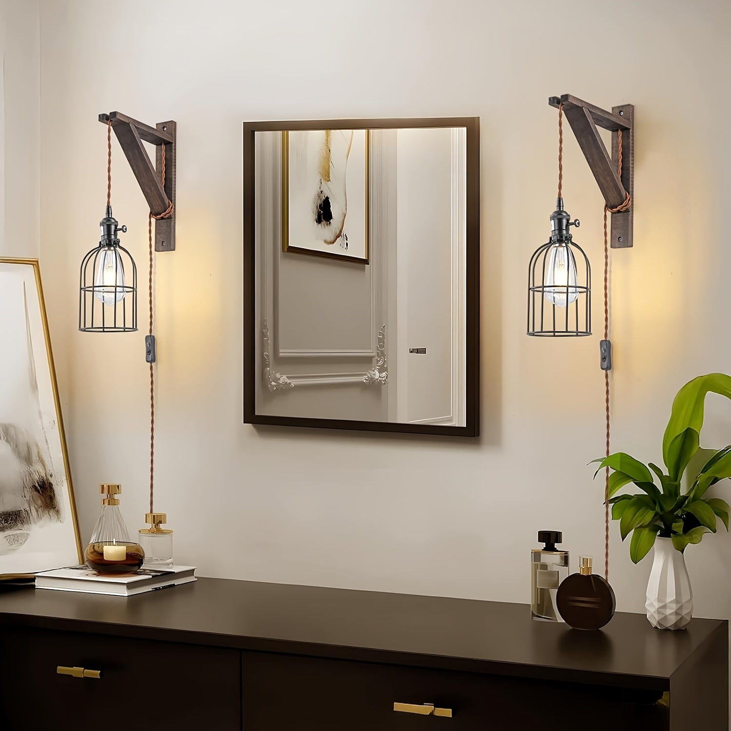 Two-Piece or One-Piece Plug-In Wall Light Without Wiring - Farmhouse Style Metal Cage and Wood Bracket Bedside Lamp, Suitable for Bedroom Headboard (Easy-to-Install Barn Light Decor) (Bulb Not Included)