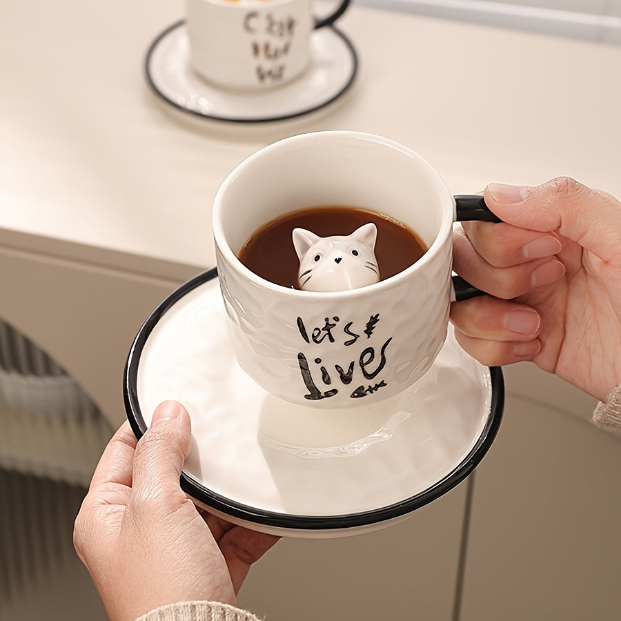 1pc 200ml / 6.7oz Japanese Cute Ceramic Hidden 3D Cat Cup & Saucer, Hand-Painted Under-Glaze Adorable Cat Cup, Breakfast Cup, Afternoon Tea Cup Set, Birthday & Holiday Gift for Cat Lovers