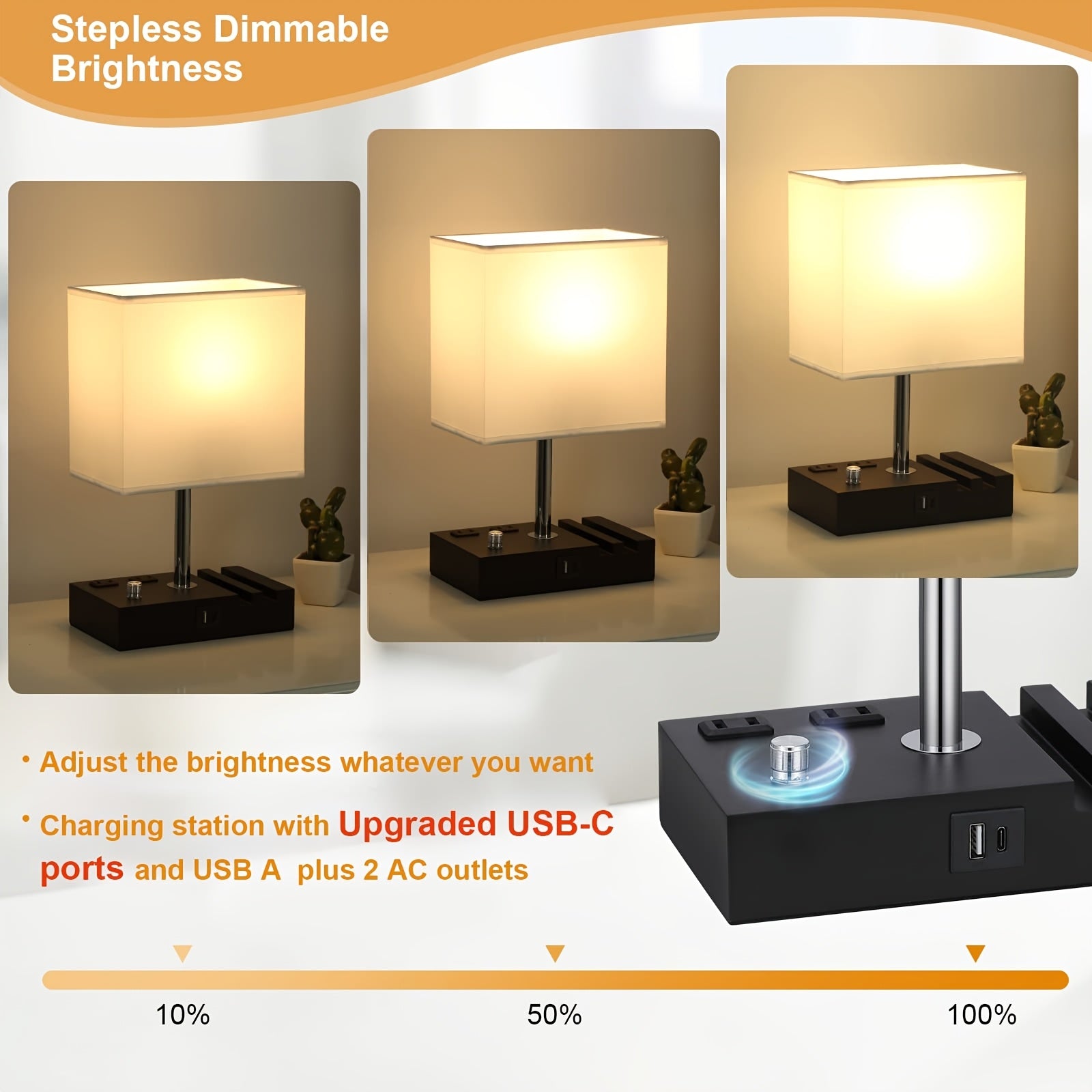 Bedroom table lamp, with dual USB ports, dimmable bedside lamp, with phone stand and 2 charging outlets, table lamp for nightstand and living room, LED bulb included