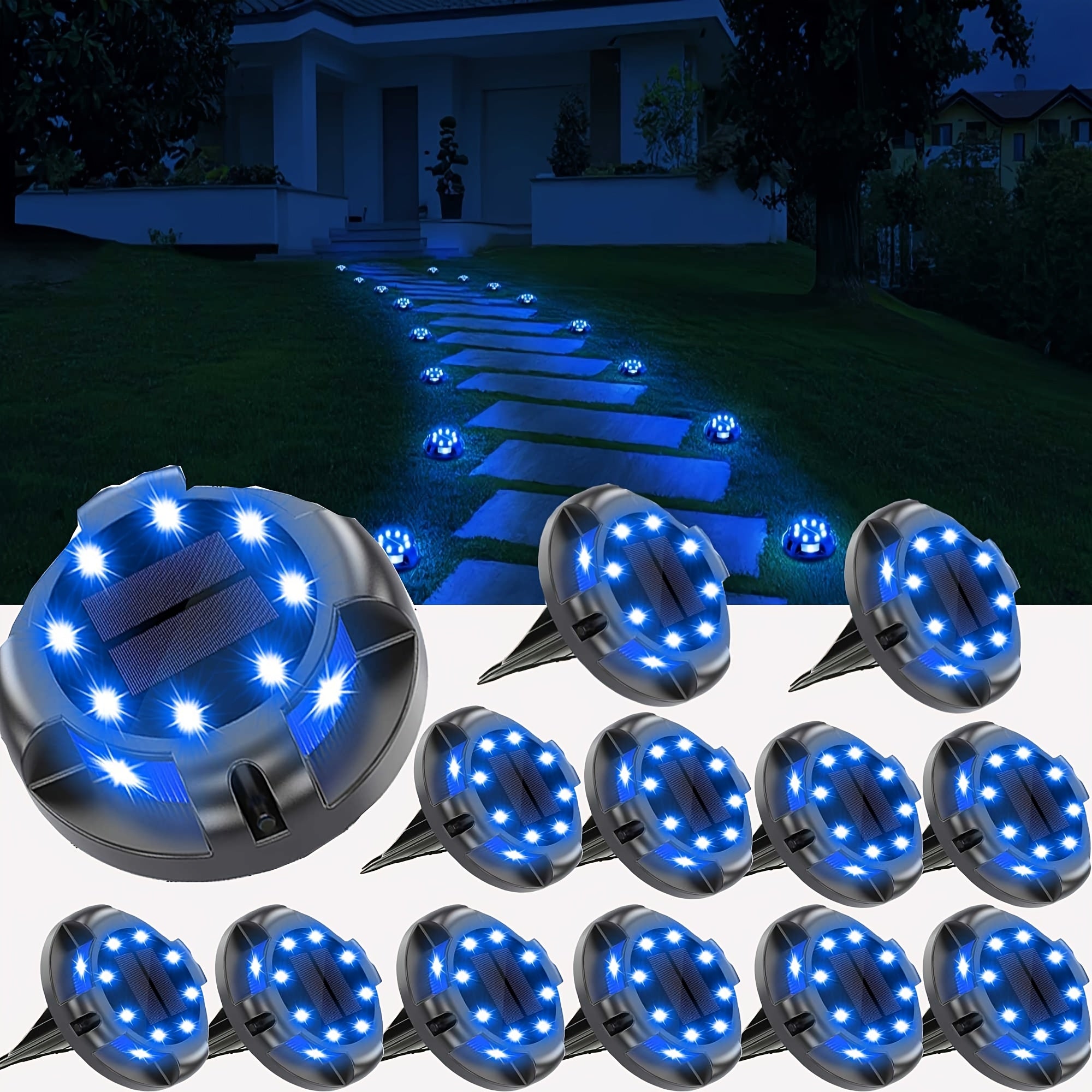 Blue Solar Outdoor Light Path Light 12-Pack, High Brightness Solar Ground Light Uplight Side Light, IP67 Waterproof Solar Deck Light, Suitable for Halloween Decoration