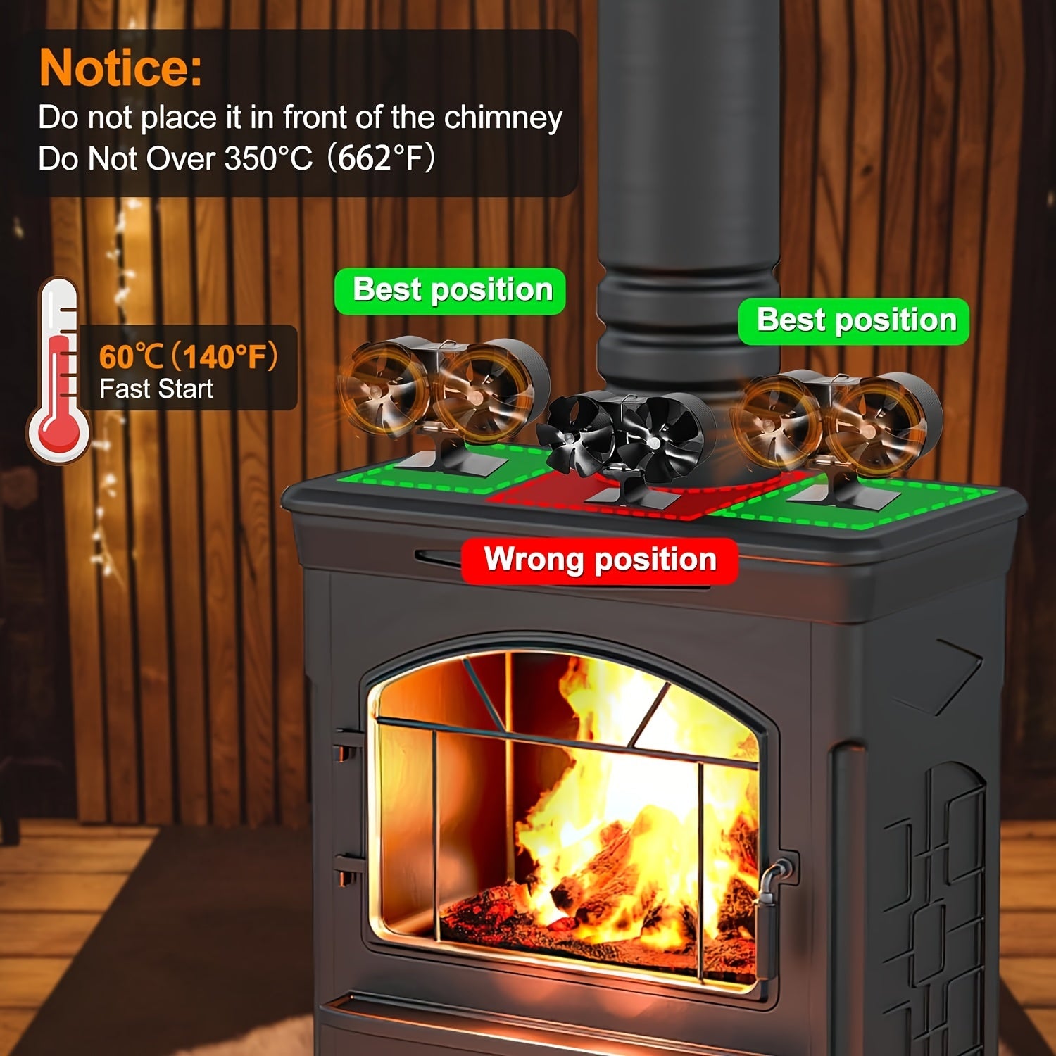 Dual Motor Wood Stove Fan, Heat Powered Stove Fan, Fireplace Fan, Wood Stove Accessories - Non-Electric Fan for Wood / Gas / Log Burners
