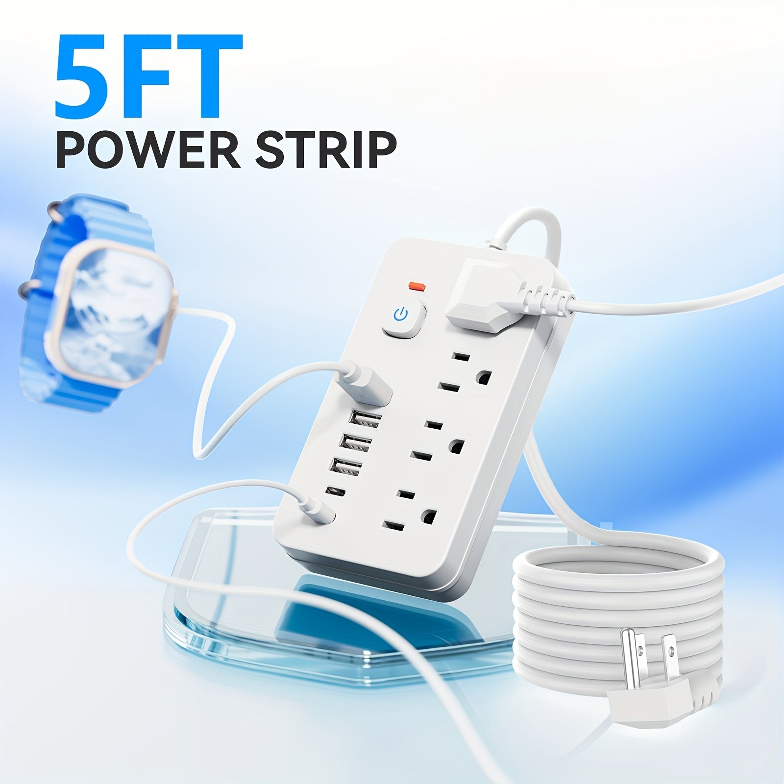 1 Unit of a 10-In-1 Versatile Power Strip Featuring 4 AC Sockets And 6 USB Ports, Available in 5FT Or 10FT Cord Lengths. Its Compact Design Includes Surge Protection And Can Be Mounted on Walls, Making It a Must-Have for Home, Office, Dormitory