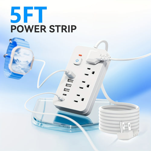 1 Unit of a 10-In-1 Versatile Power Strip Featuring 4 AC Sockets And 6 USB Ports, Available in 5FT Or 10FT Cord Lengths. Its Compact Design Includes Surge Protection And Can Be Mounted on Walls, Making It a Must-Have for Home, Office, Dormitory