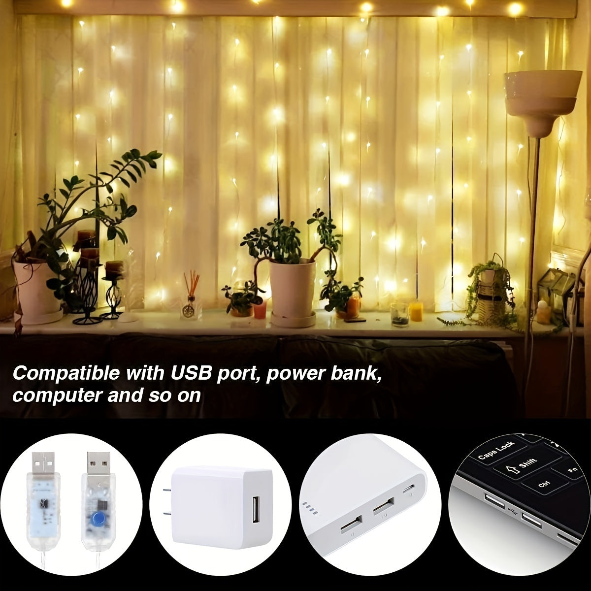 Ledoor 提供一套窗帘灯，包含 100、200 或 300 个 LED，适用于卧室。这些暖光灯有 3.3、6.5 或 9.8 英尺 x 9.8 英尺的尺寸可选。它们具有 8 种不同的照明模式，并包括一个遥控器。这些 USB 供电灯具。