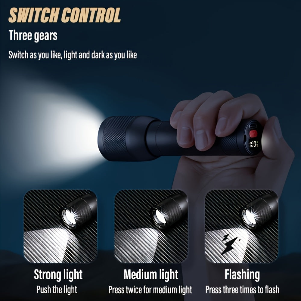 2PCS Handheld Portable Aluminum Alloy LED Flashlight, USB Rechargeable Outdoor Searchlight, Telescopic Zoom Camping Light, Suitable for Camping, Outdoor, Hiking and Work