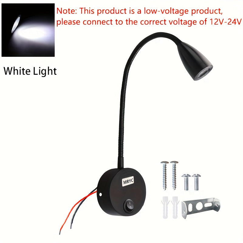 MRYC 3W Flexible Gooseneck LED RV Reading Light, Heavy-Duty Adjustable Spotlight, Hardwired DC12-24V, Button Switch, Suitable for Camper Trailer Interior Ceiling Wall Mount Lighting