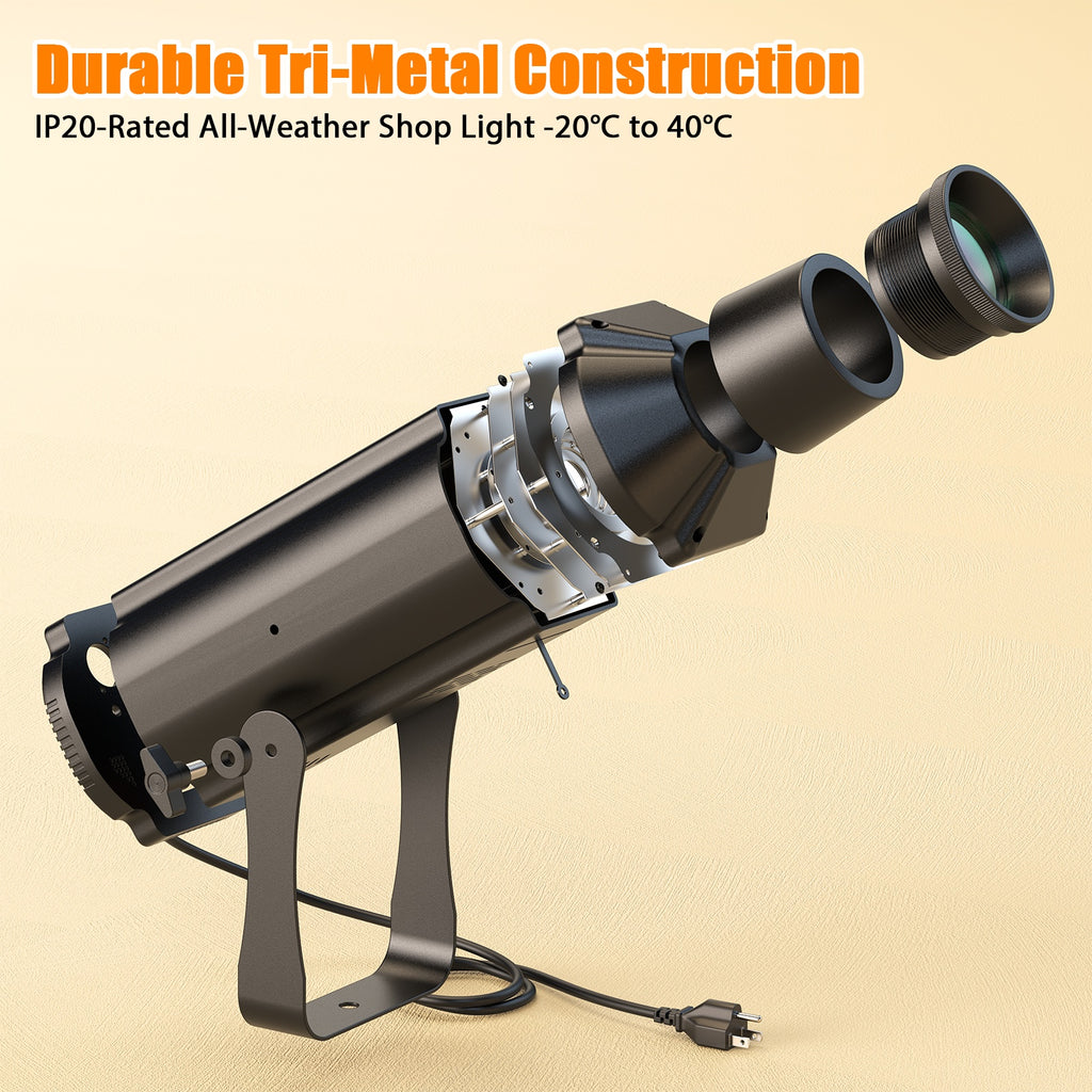 Compact stage light, featuring 150W warm/cool white COB technology, adjustable 3200K to 5600K, with zoom control and DMX512 compatibility. These 6-channel manual focus LED spotlights are perfect for performances and events.