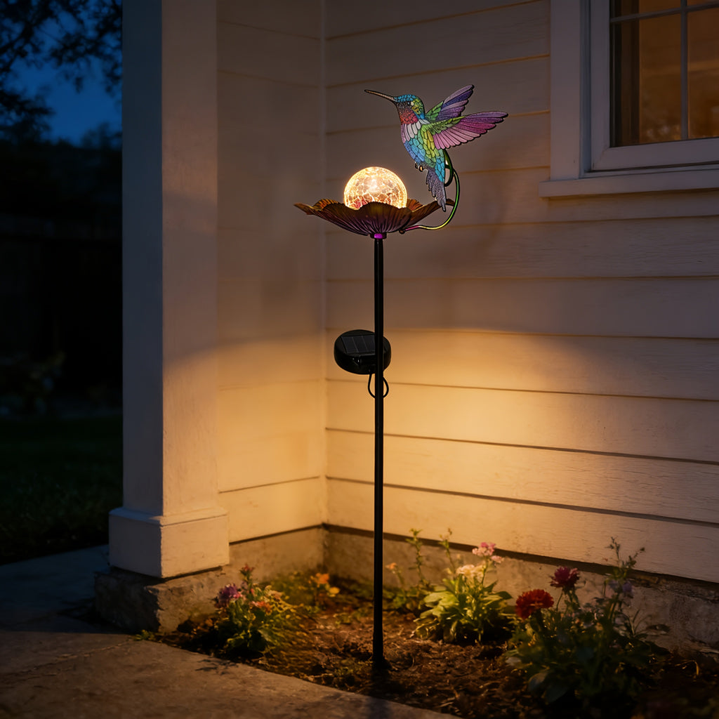 Hummingbird Glass Globe Flower Solar Outdoor Light, Beautiful Hummingbird Decorative Light, Fun Hummingbird Flower Glass Globe Light
