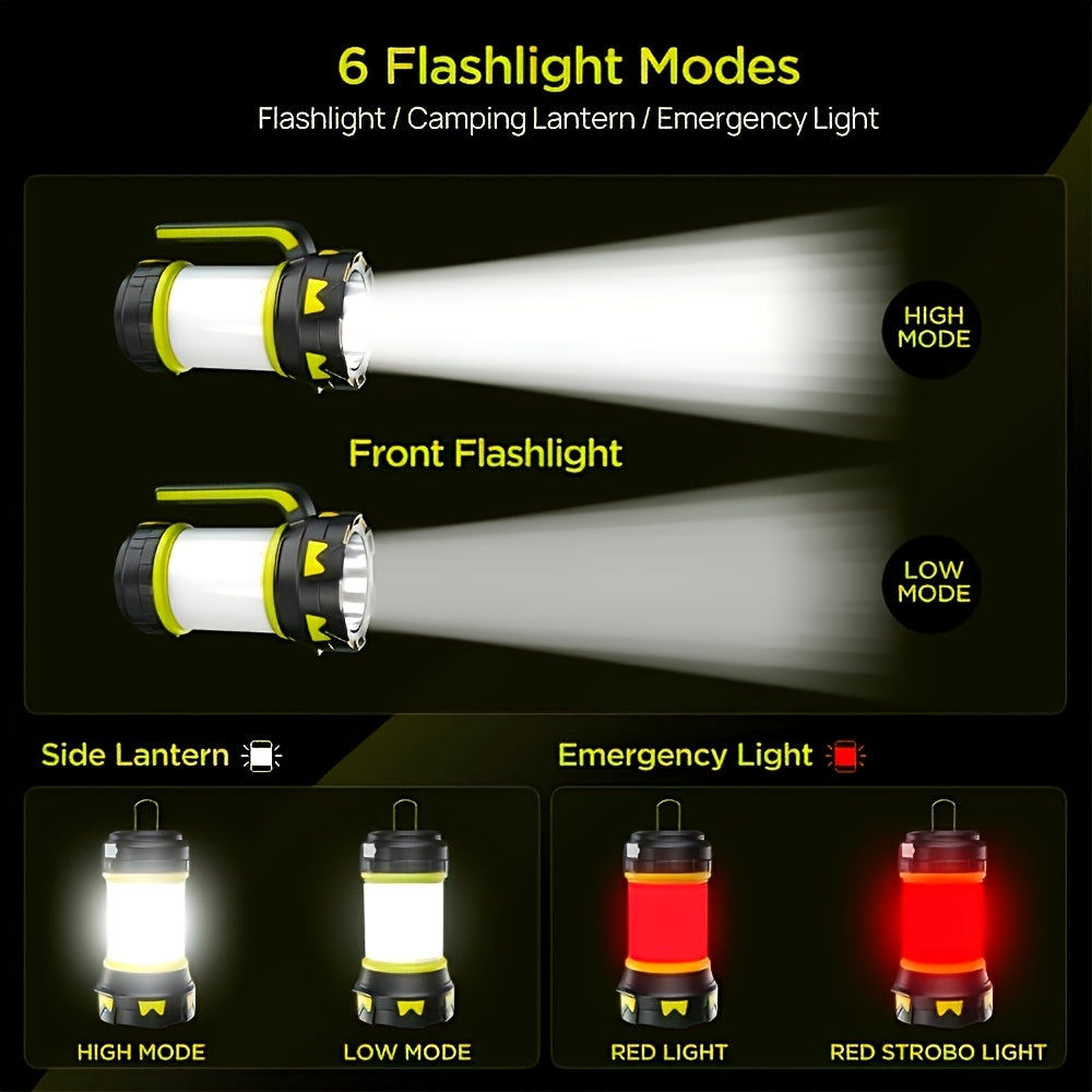 Rechargeable Flashlight Camping Lantern, 6 Lighting Modes, Super Bright LED Spotlight, 3000mAh Battery, Foldable Hook & Side Light, Handheld Torch for Emergency Power Outage Hiking Camping