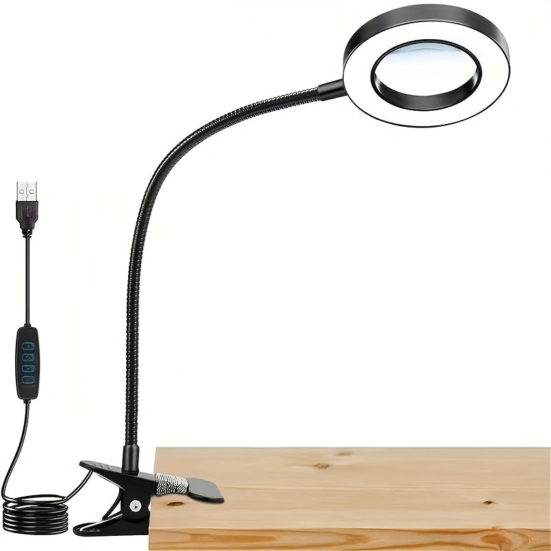 48 LED beads, diamond painting magnifying desk lamp with clip, 50cm adjustable gooseneck fill light, 3 color temperatures (cool white/neutral/warm yellow), 5-7W USB-powered craft light, 2-meter long cord, push-button switch, 9cm large lens